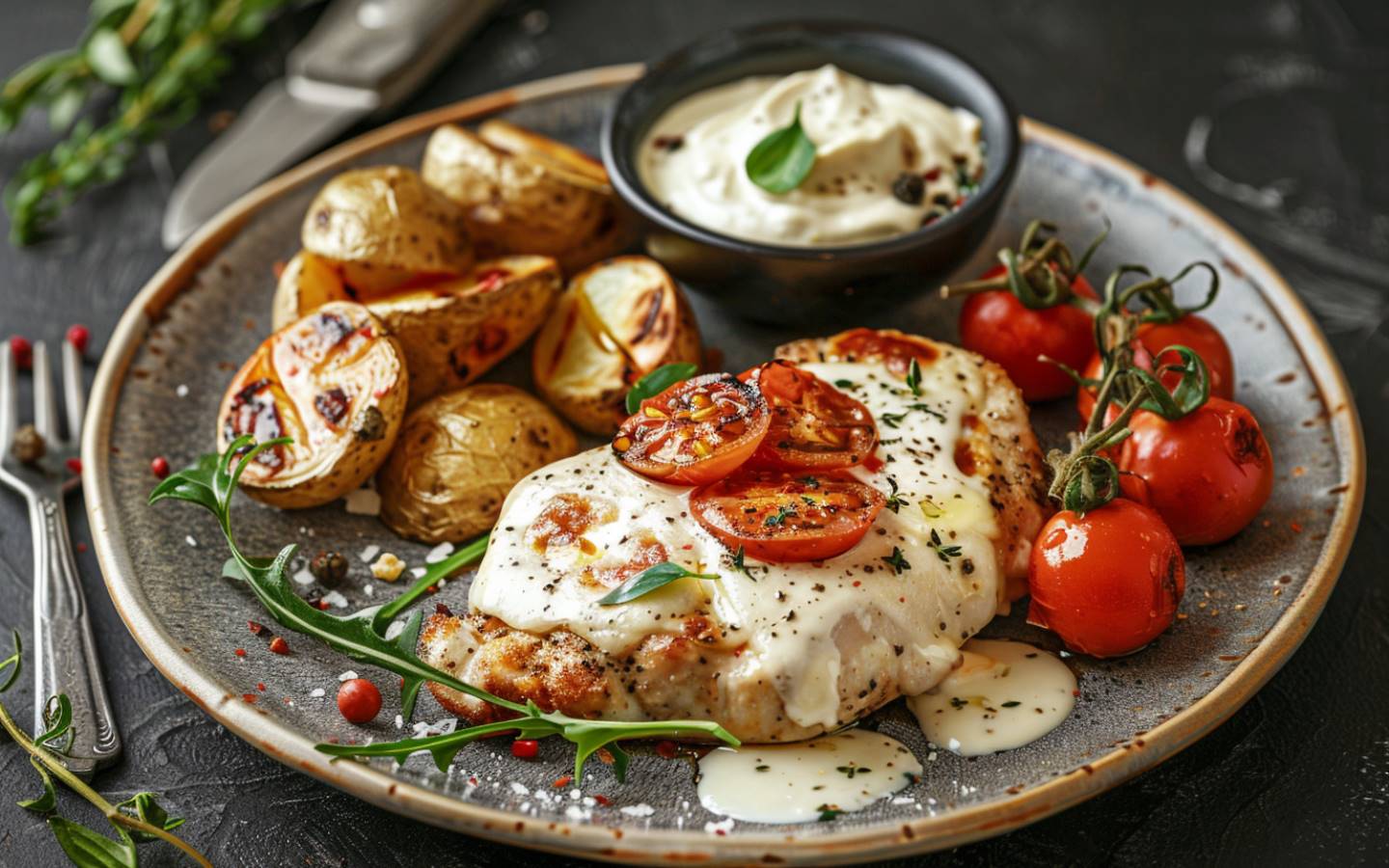 Kuřecí steak caprese s pečenými bramborami, salátkem a bylinkovým dipem