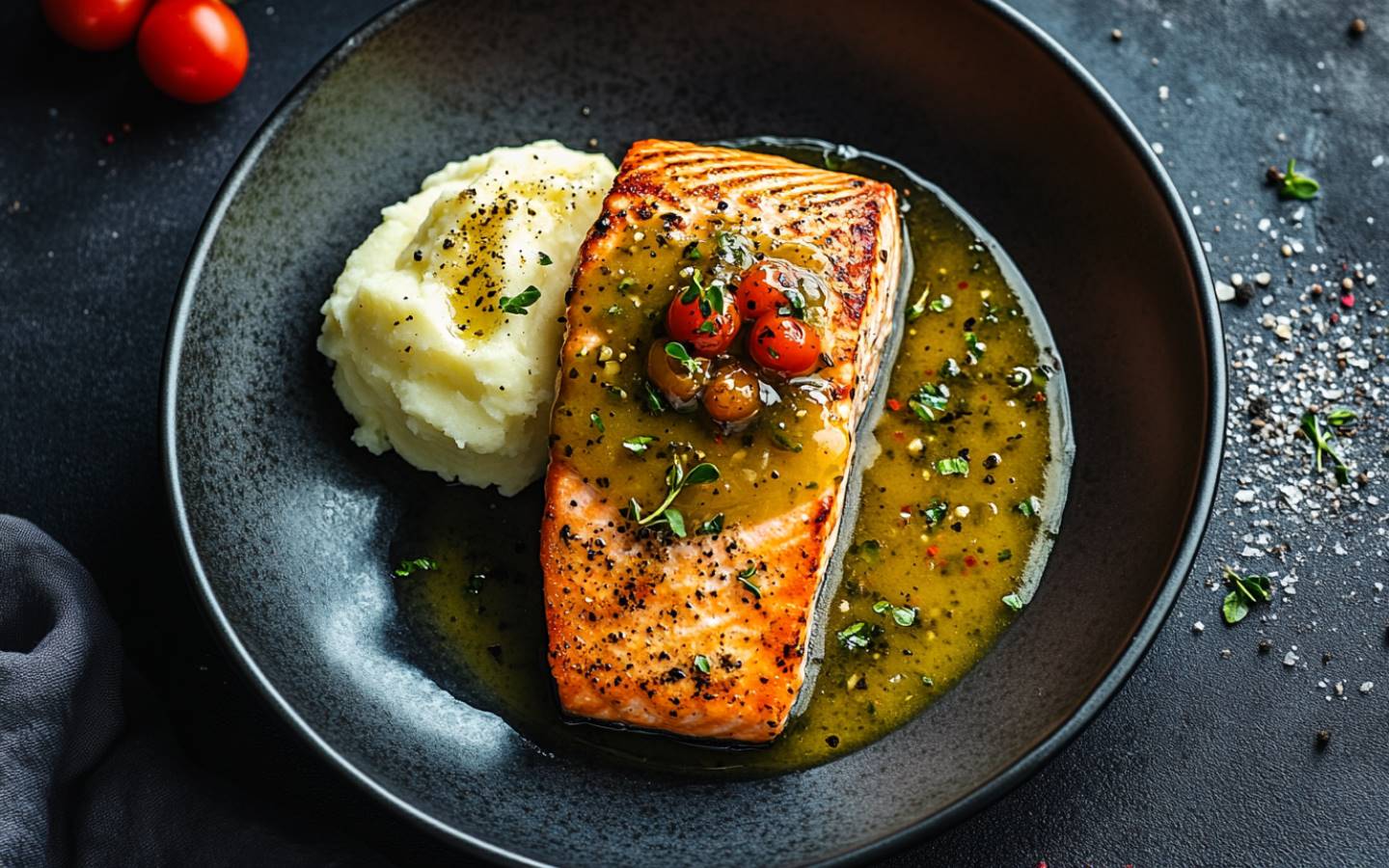 Losos se sauce vierge, pečená zelenina a šťouchané brambory