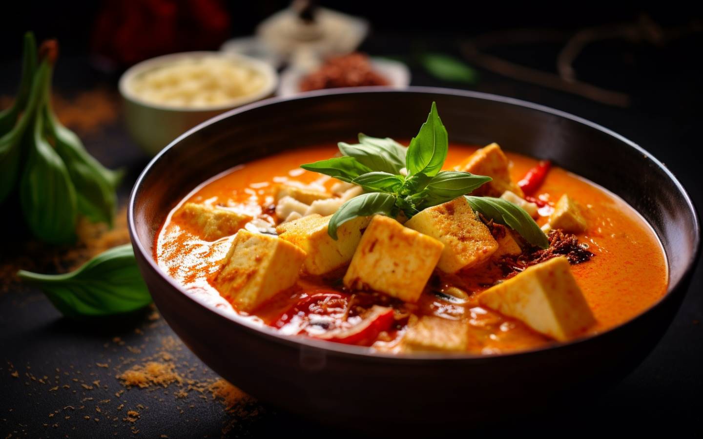 Červené curry se smaženým tofu, zeleninou a rýží